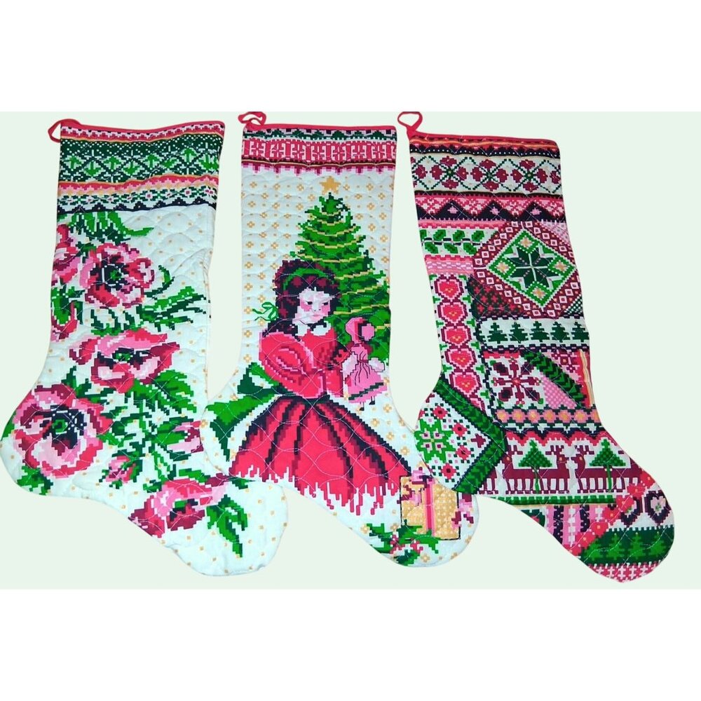 Set Of 3 Quilted Christmas Stockings Vintage-Inspired Designs Floral Victorian L